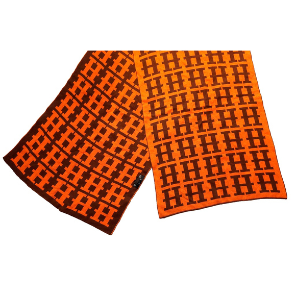 HERMÈS Iconic Brown & Orange Reversibile H Print Wool Scarf Pre-owned - Picture 10 of 16
